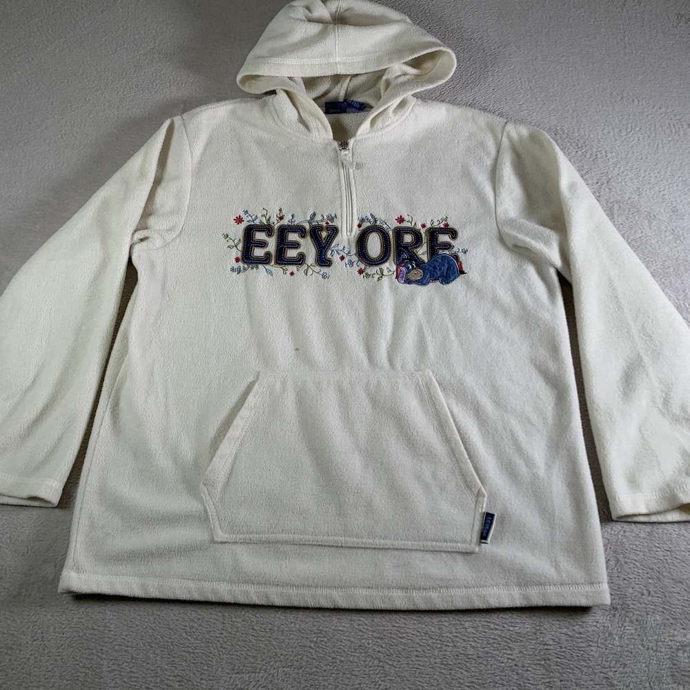 Disney Eeyore Winne The Pooh Fleece Embroidered Cream Hoodie Womens Size XL